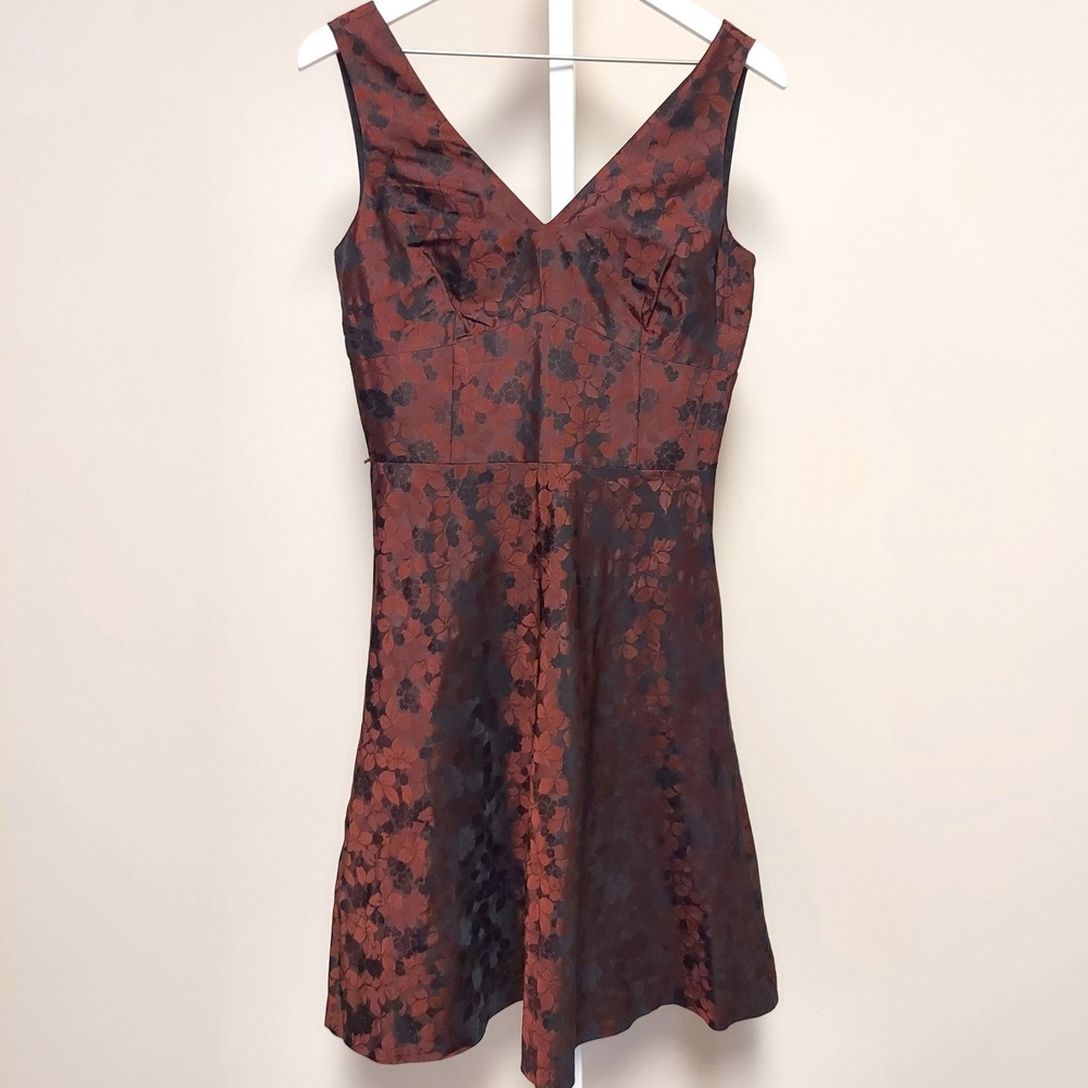 Ann Taylor LOFT Brown Black Floral Silk Brocade V-Neck Dress 4 Silk Grunge Fairy